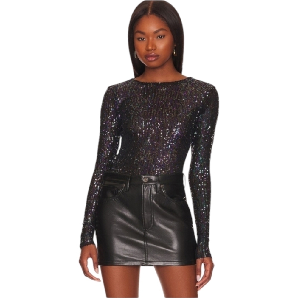 Free People Intimately Gold Rush Sequin Long Sleeve Top in Black